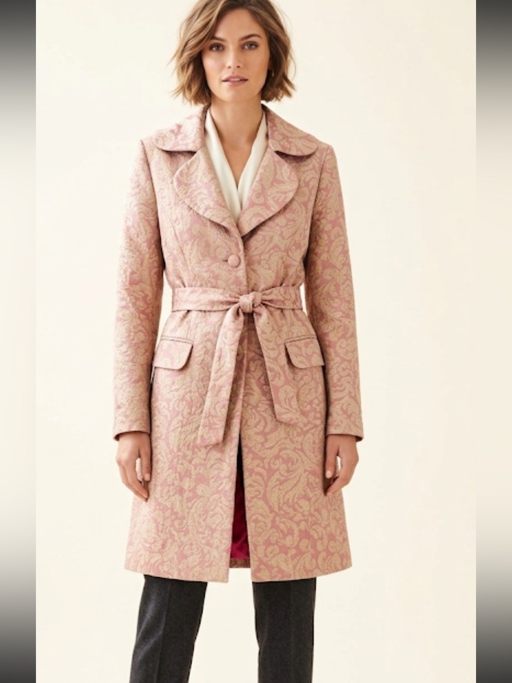 Marciano Pink & Gold Brocade Trench Coat XS Elegant Floral Statement Jacket